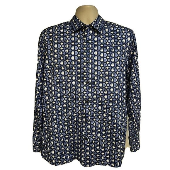 Michael Kors Tailored Fit Blue Button Front Shirt Large Contrast Collar Cuffs - Picture 5 of 12